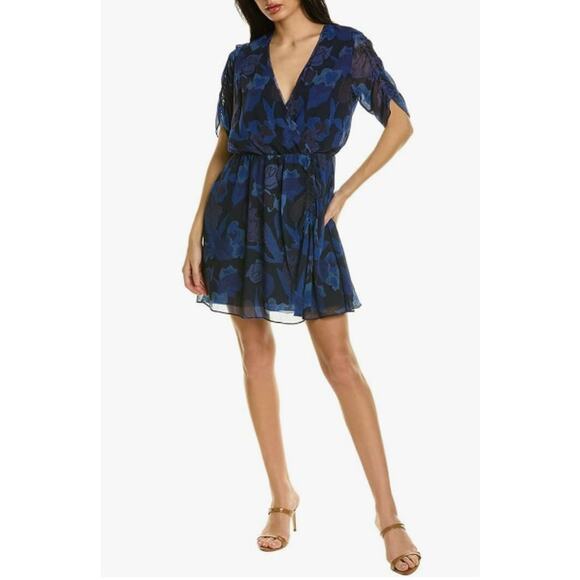 TED BAKER Juleah Mini Dress 4 Dark Navy Floral V-Neck Ruched Sleeve Detail NWT - Picture 2 of 12
